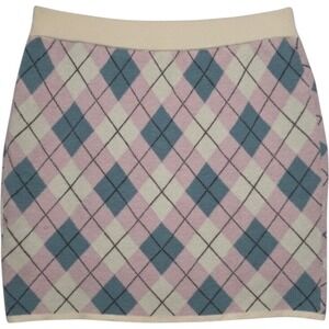 Cider Argyle Knit Pink Gray Preppy Academia Mini Skirt Womens L NWT